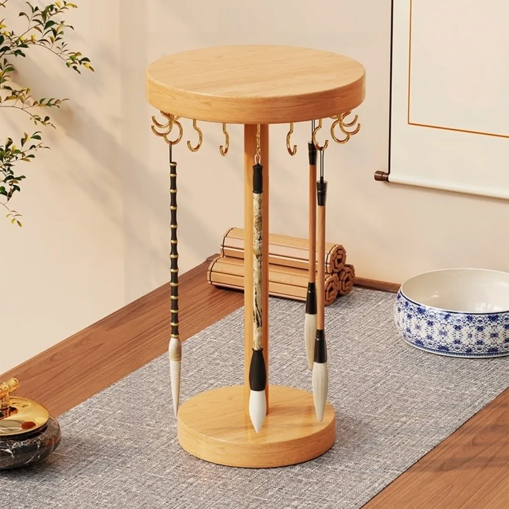 Round Calligraphy Brush Hanger Desktop Storage Traditional Writing Brush Organizer 12 / 18 Brushes Wood Color