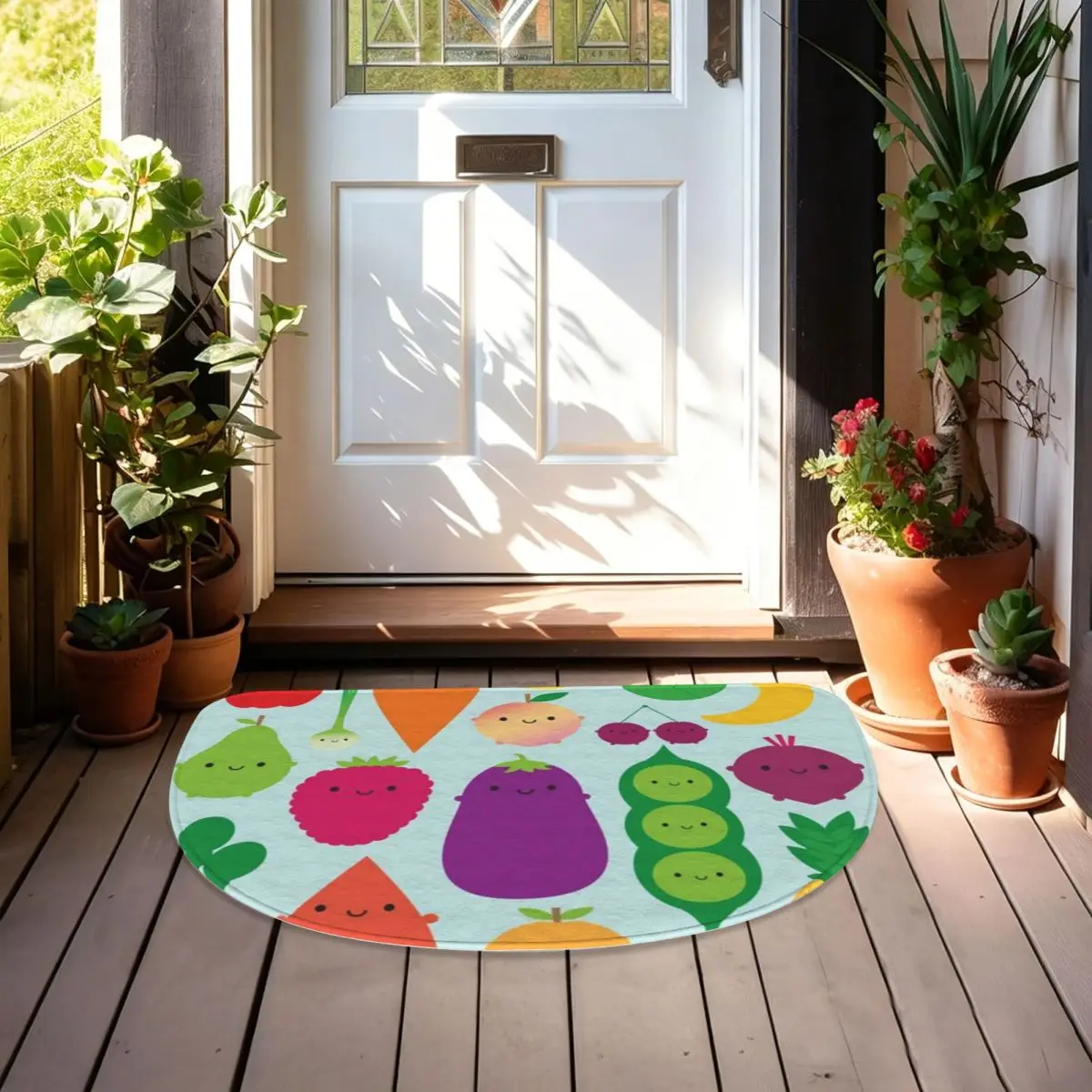 5 A Day Fruit And Vegetables Flannel Half Round Doormat Non Slip Bathroom Mat Absorbent Floor Carpet for Laundry Room Bathroom