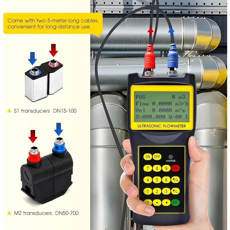 home.Handheld Ultrasonic Flowmeter Clamp on Flow Meter Portable Copper/PVC Pipe DN15-700mm 1/2-28