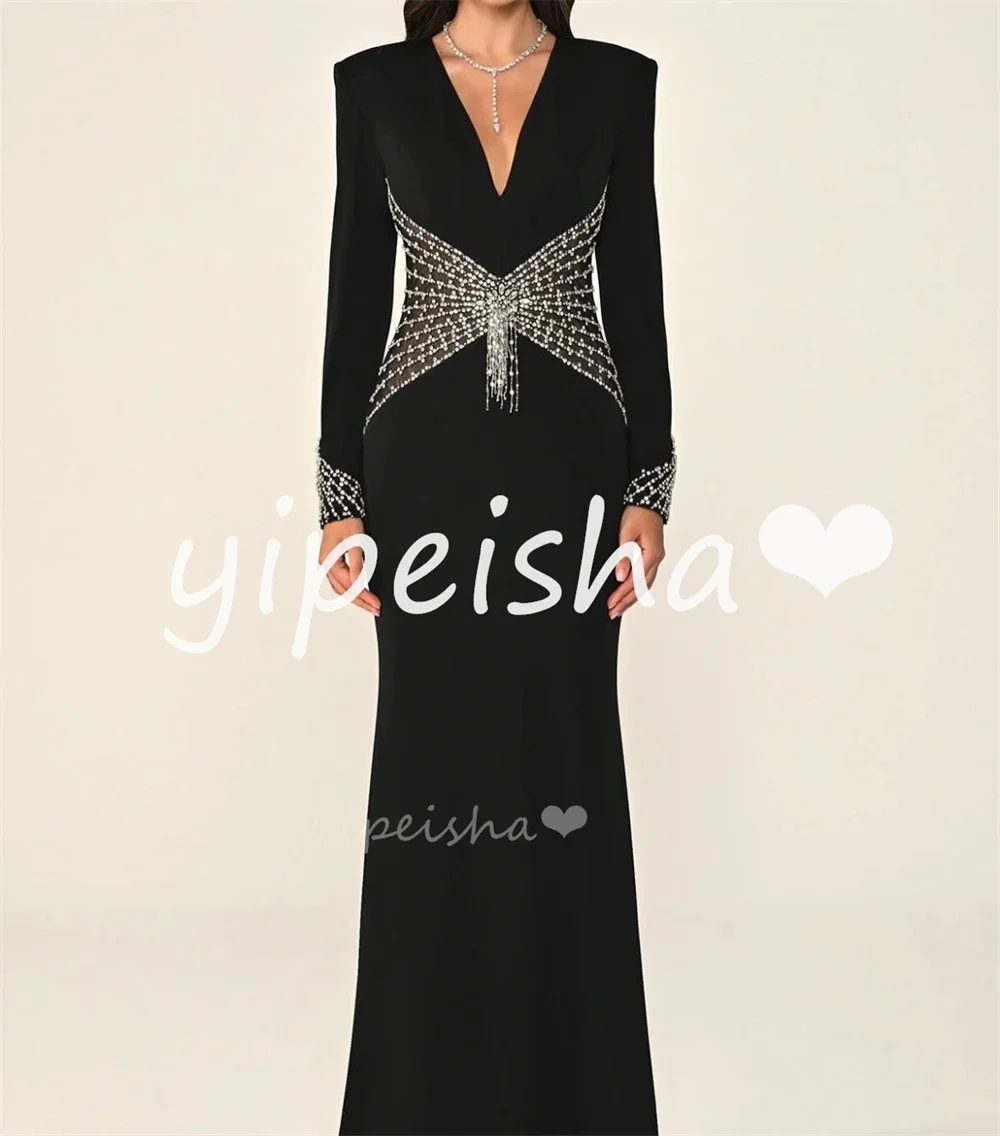 Customized Fashion Women Jersey Rhinestone Ruched Straight Evening Dresses Fashion V-neck Long Sleeves Floor Lenght Prom Dresses