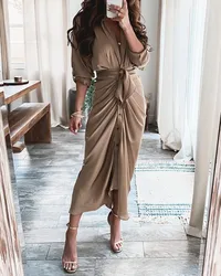 Summer Bandage Shirt Women Fashion Button Ruched Dress Casual Short Sleeve Printed Dress Female Elegant Party Dress Robe