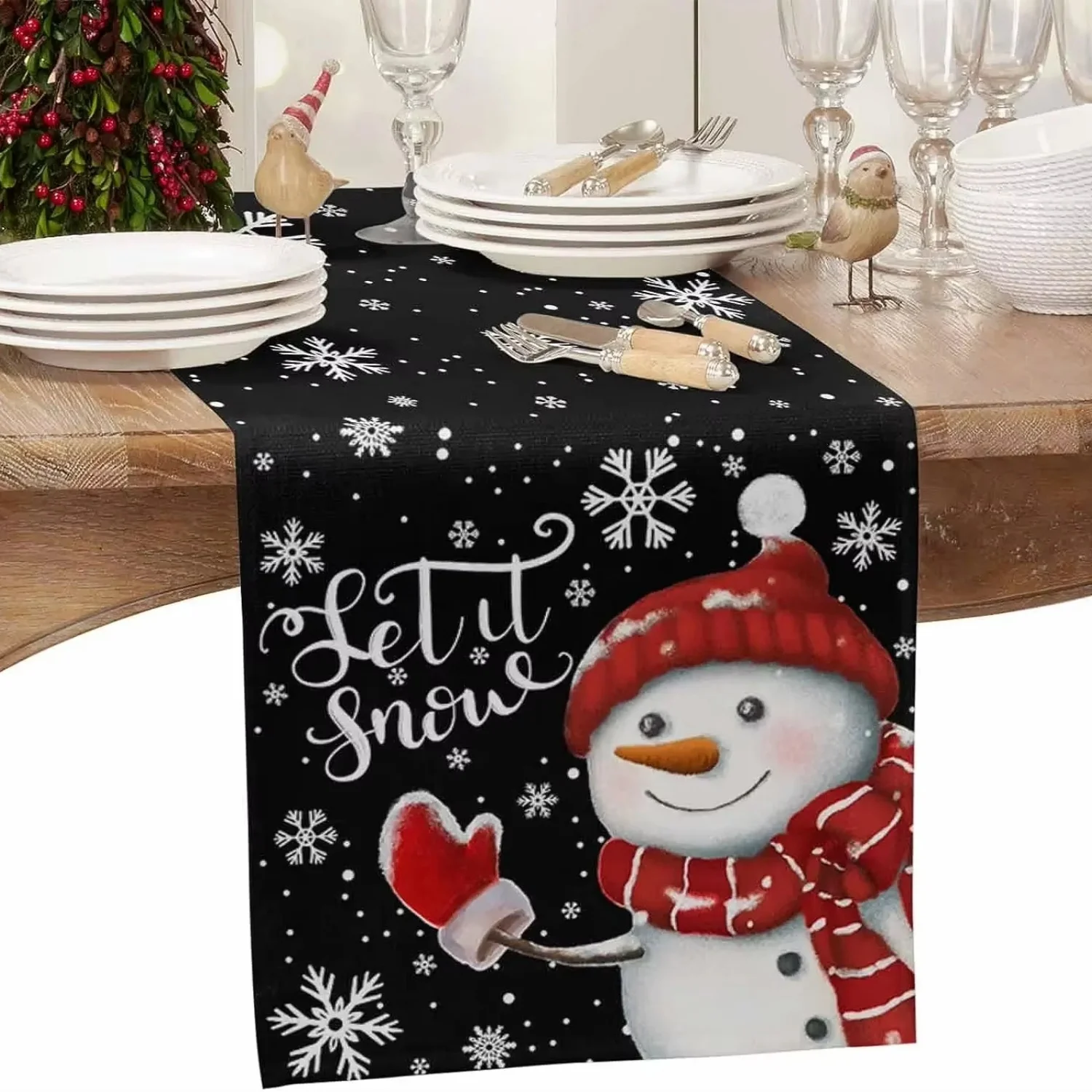 Christmas Snowman Table Runner Washable Linen Multi Size For Kitchen Dresser Sideboard Durable Flat Print Festival Gift