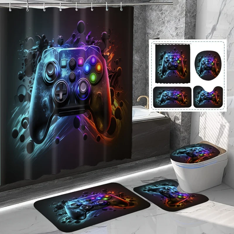 1/4 Stück Duschvorhang-Set mit Spielkonsolenmuster, wasserdichte Vorhänge mit Kunststoffhaken, Badezimmerteppich, U-förmige Matte,