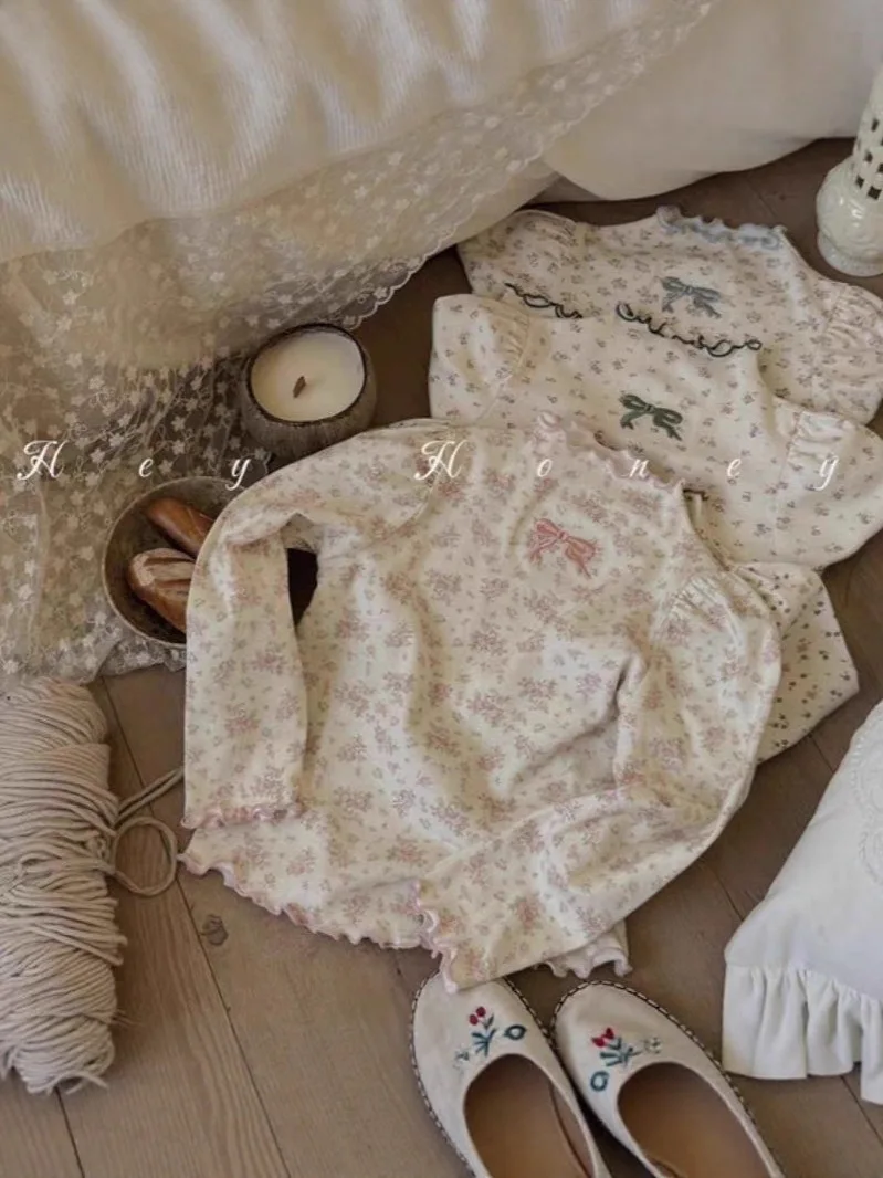 2025 Autumn New Girls Sweet Floral Bottoming Shirts Cotton Children T Shirts Bow Embroidery Toddler Baby Girl Long Sleeve Tops