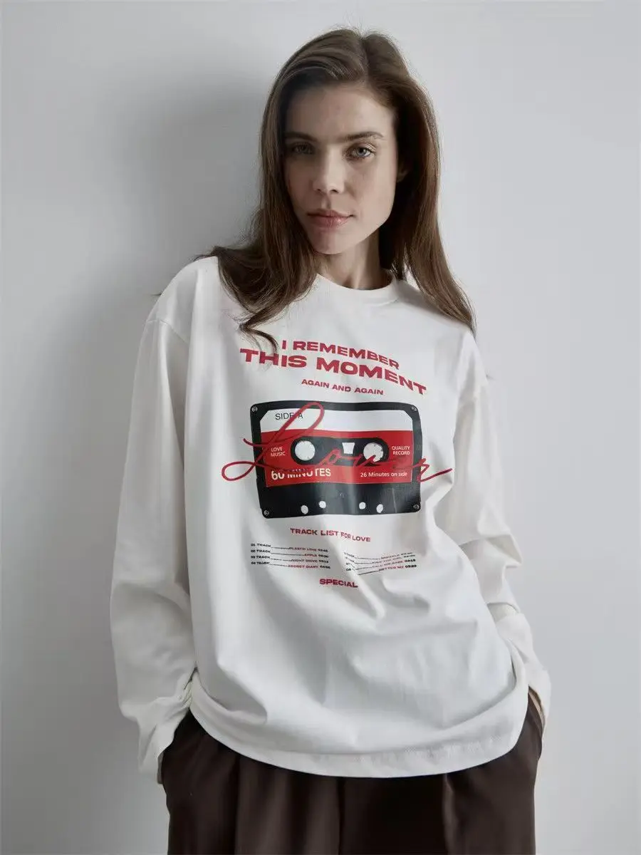 Letter Tape Print Russian Fashion 90s Vintage American Graphic T Shirts Women Long Sleeve Crewneck Funny Pattern Sweatshirt Lady