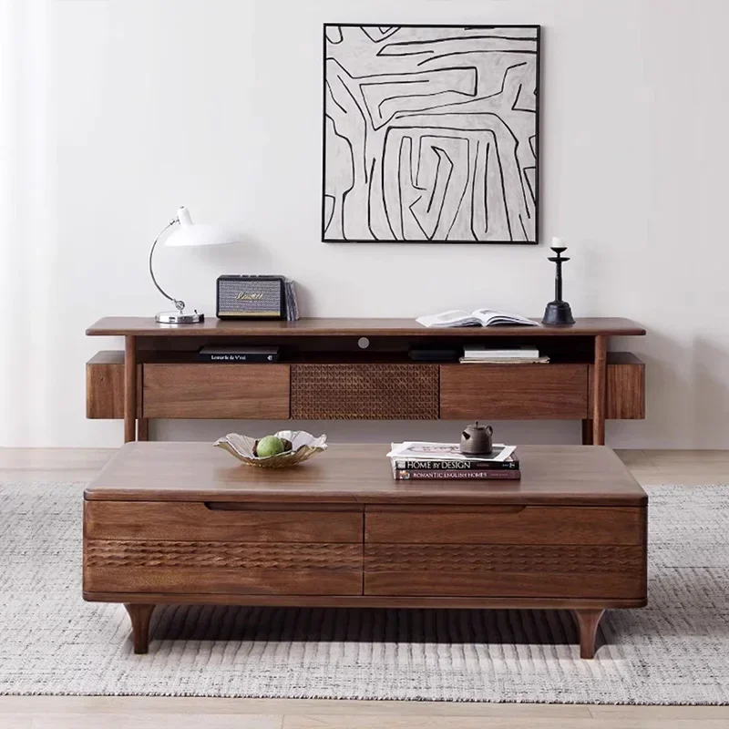 

Walnut TV cabinet coffee table combination living room solid wood TV cabinet antique tea table