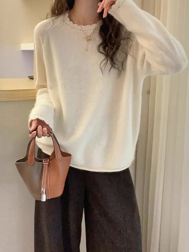 Lace Trim round Ne Knitwear Women's Loose Casual Sle Autumn Winter Faionable Slimming Versatile Top for Younger Look