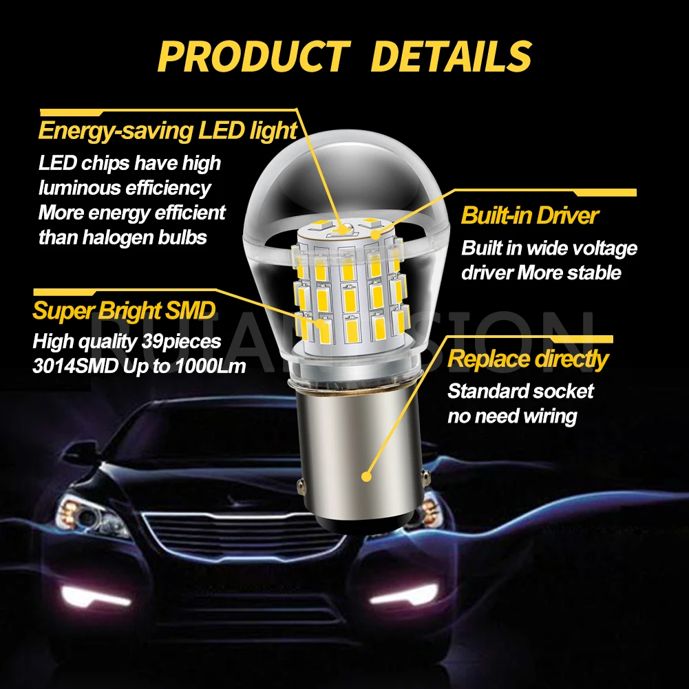 Ruiandsion 2Pcs Car Accessories 1157 BAY15D BAZ15D P21/4W BA15D LED 3014Chip 39SMD 12V-24V Car Brake Stop Turn Tail Signal Lamp