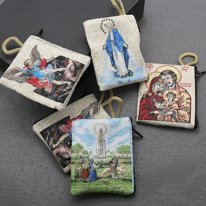 Gold Fabric Rosary Pouch Religious, Catholic Zipper Coin Purse Bible, Verse Icon Saint Mary Jesus, Christian Gift Accessories