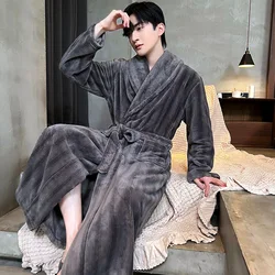 Men's Thick Robe Warm Flannel Bathrobe Kimono Gown Flip Collar Nightwear Winter Autumn Sleepwear Loose Loungewear Warm Home Wear