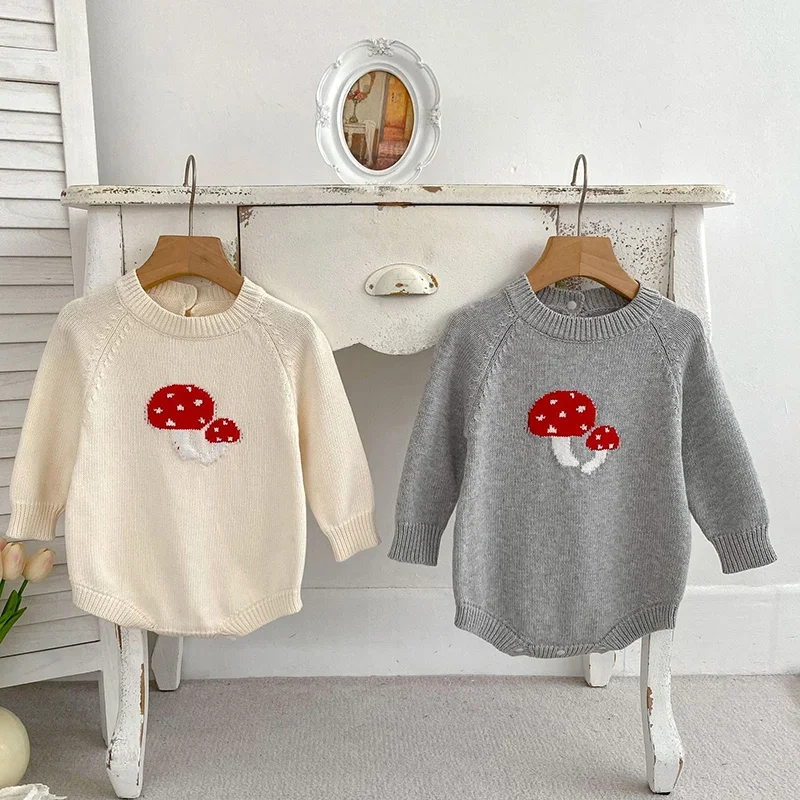 

Toddler Baby Boys Girl Knitted Romper New Autumn Baby Knitted Clothing Embroidered Mushrooms Infant Baby Girls Knitted Jumpsuit