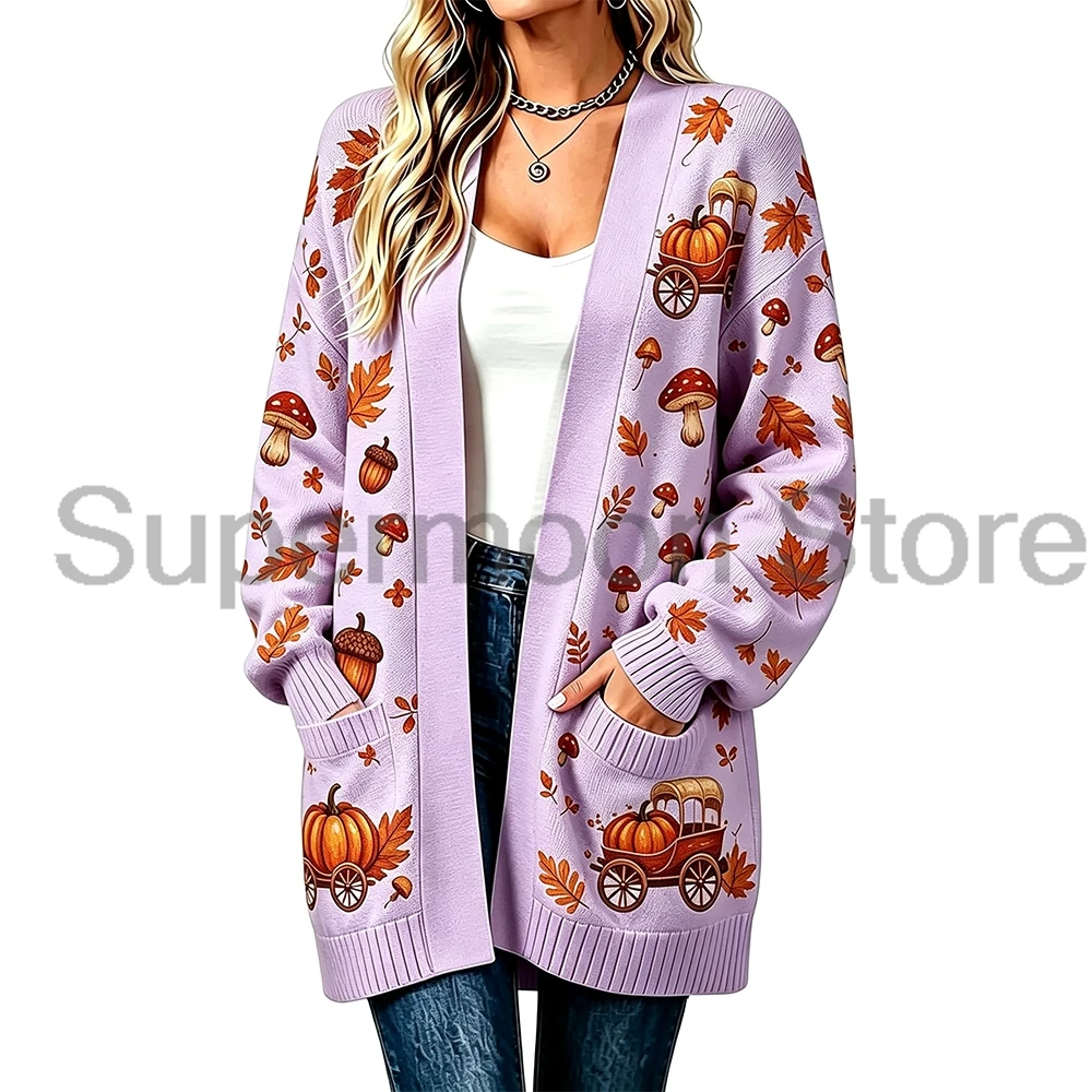 Women Fall Pumpkin Maple Leaf Print Knit Cardigan Long Sleeve Open Front Pockets Sweater Outerwear Thanksgiving Loose Outfits
