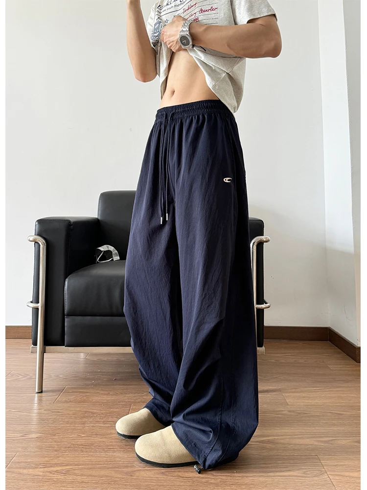 

Легкие быстросохнущие мужские летние повседневные брюки из ледяного шелка с американской вышивкой, прямые широкие брюки-парашюты для активного отдыха