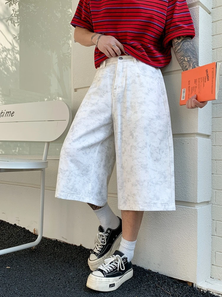 Spring Summer White Loose 3/4 Length Jeans Cotton High Waist Wide Leg American High Street Versatile Pants Daily Outing Clothing