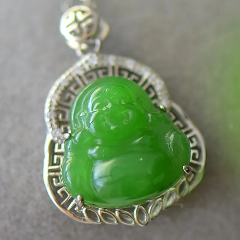 SGARIT Natural Hetian Jade S925 Silver Inlay Buddha Pendant 18*26mm Classic Design Fine Texture Novel Style with Silver Chain