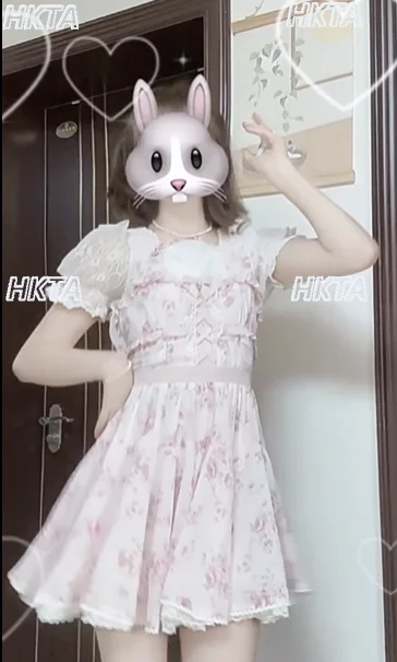 

Платье Liz 2023, новое платье с цветочным принтом в японском стиле, милое женское платье в стиле Лолиты для девочек, летние короткие платья с короткими рукавами и розовой лентой с бантом, короткие платья OP