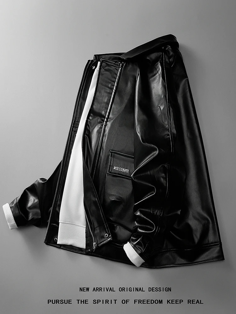 

Мужская кожаная куртка в американском ретро-стиле, весна-осень, новая модная свободная черная куртка из искусственной кожи, молодежная повседневная однотонная мотоциклетная куртка