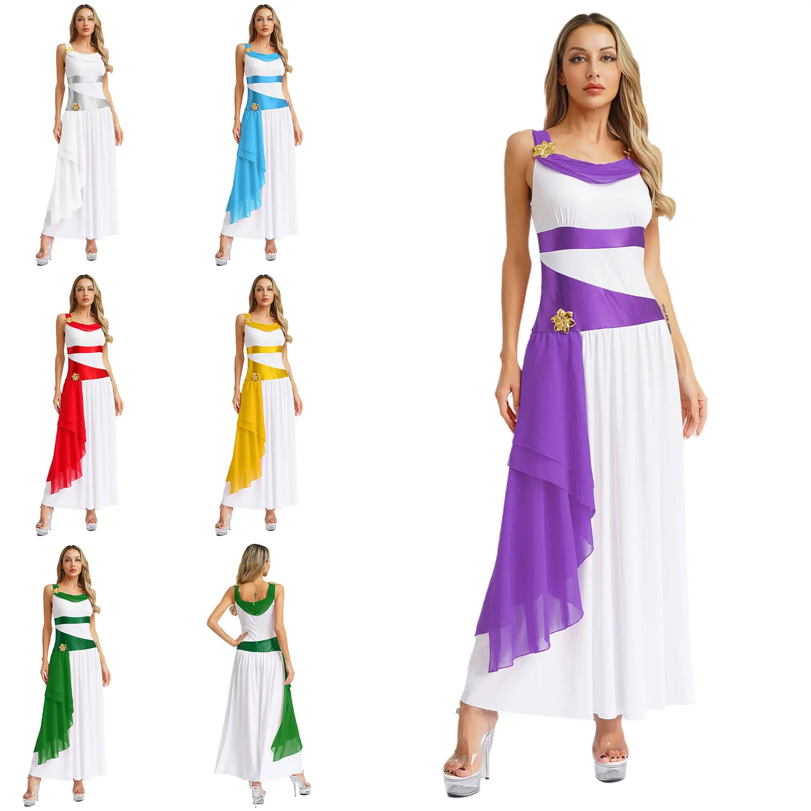 

Women Greek Queen Gown Empire Waist Chiffon Dress with Floral Embroidery Hellenic Royal Costume for Theater Productions Party