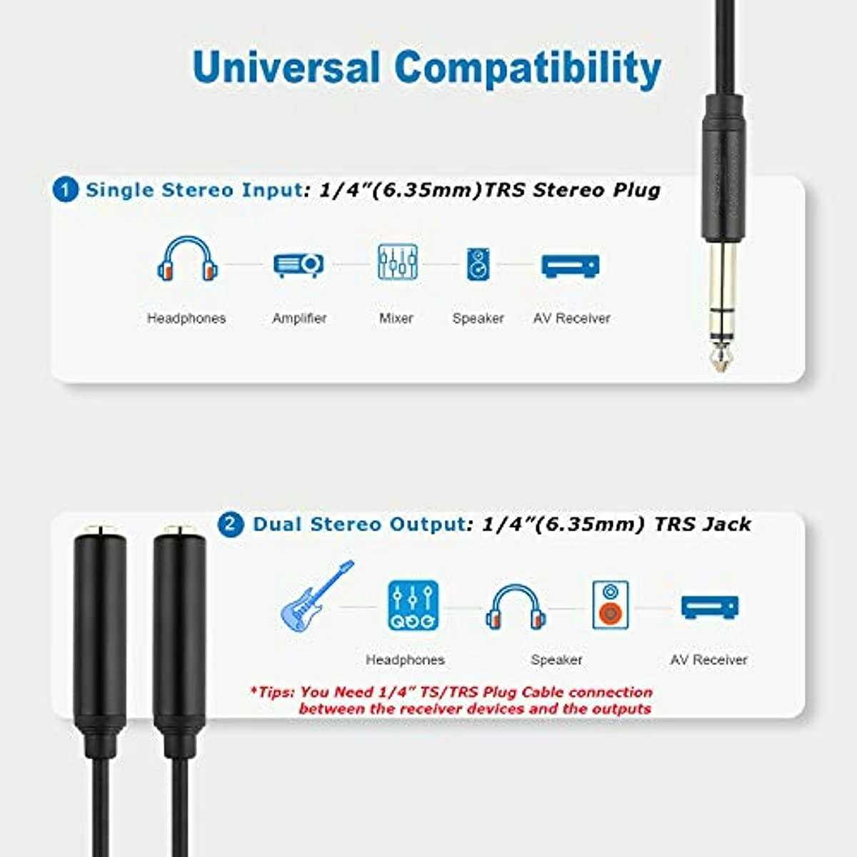 Gold Plated 6.35mm Male to 2 Female Adapter Double Stereo Jack Audio Extension Cord for PC Mixer Speaker Amplifier Headphone