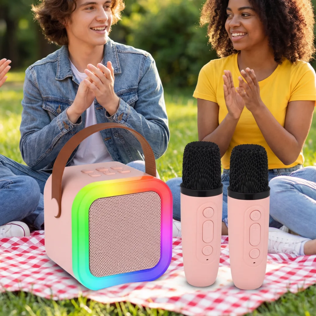 Máquina de Karaoke Portátil Mini con 2 Micrófonos Inalámbricos, Altavoz Bluetooth 5.0, Luces RGB, Cambio de Voz, para Fiestas en Casa, Regalo para Niños