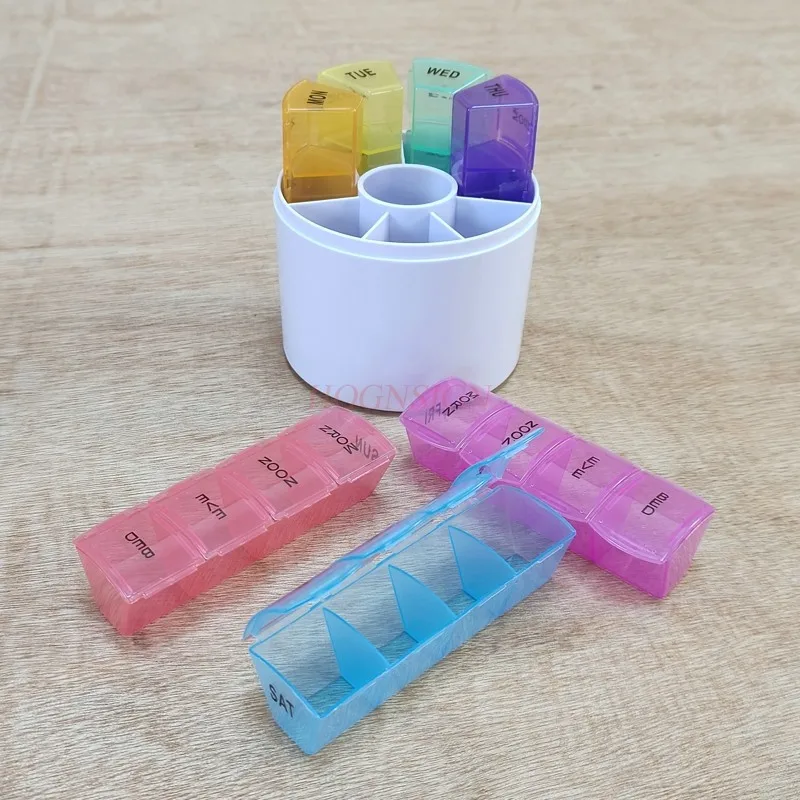 Round color 7-day 28 grid seven color medicine box, morning, middle, and evening, cylindrical portable rainbow plastic