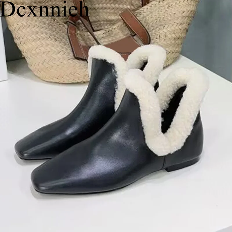 Autumn Winter Real Leather Flat Bottom Fur Collar Chelsea Boots Women Square Toe Ankle Botas Retro Short Boots Lazy Loafers