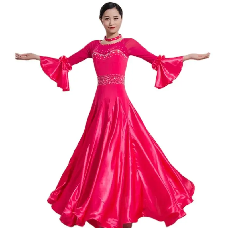 Satin Ruffle Standard Ballroom Dance Dress Flowy Lyrical Dance Costumes Party Dress Foxtrot Tango Rumba Ball Gown
