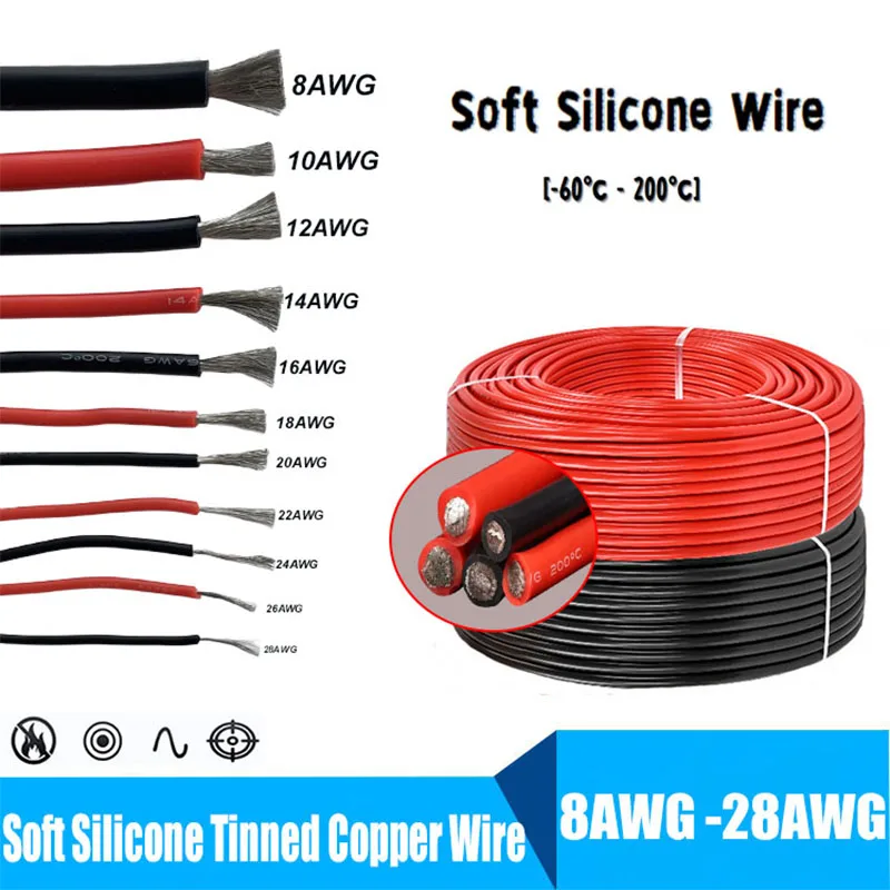 

Super Soft Silicone Wire 28awg 26awg 24awg 22 20 18 18 16 14 12awg 10awg 8 awg Red Black Heat Resistant Car Battery Power Cord