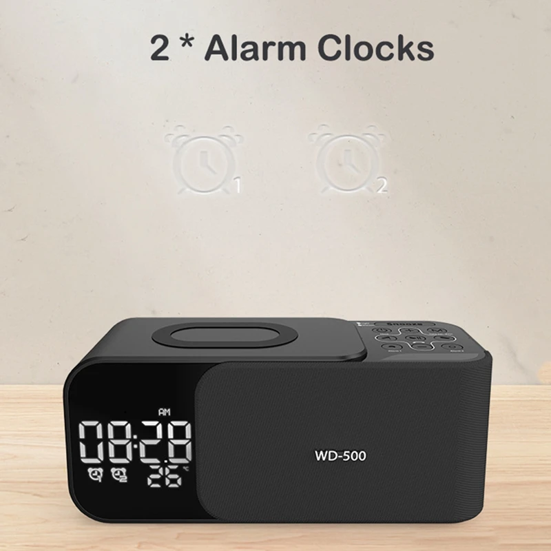 Radio FM stéréo numérique, réveil, veilleuse, haut-parleur Bluetooth, chargeur sans fil 10W, nouveau