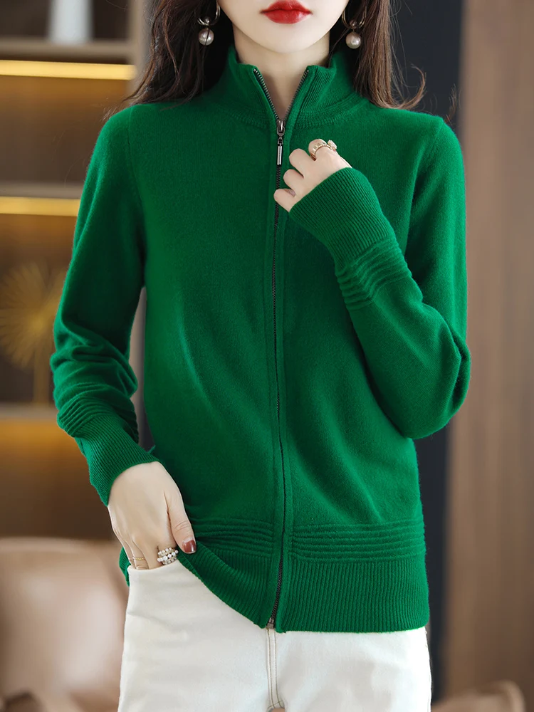 100% Pure Wool Cardigan 2022 Autumn and Winter New Cashmere Sweater Women Zipper Stand Collar Knitted Tops Fashion Simple Jacket