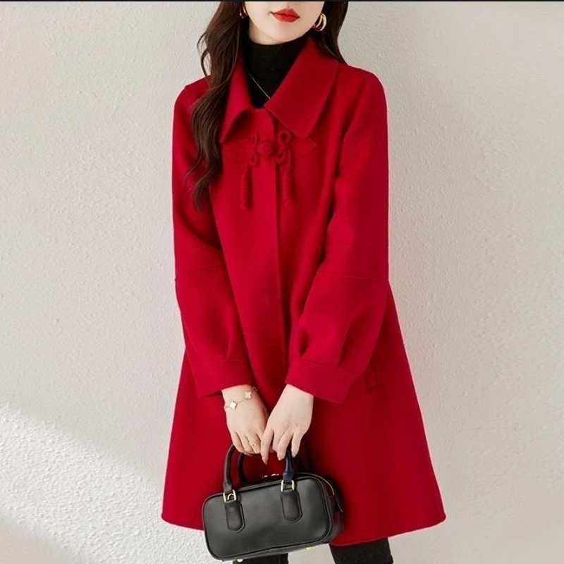 Women Frog Button Wool Blend Coat Elegant Lapel Mid‑Long Overcoat Loose Casual Autumn Winter Female Fashion Party Outerwear