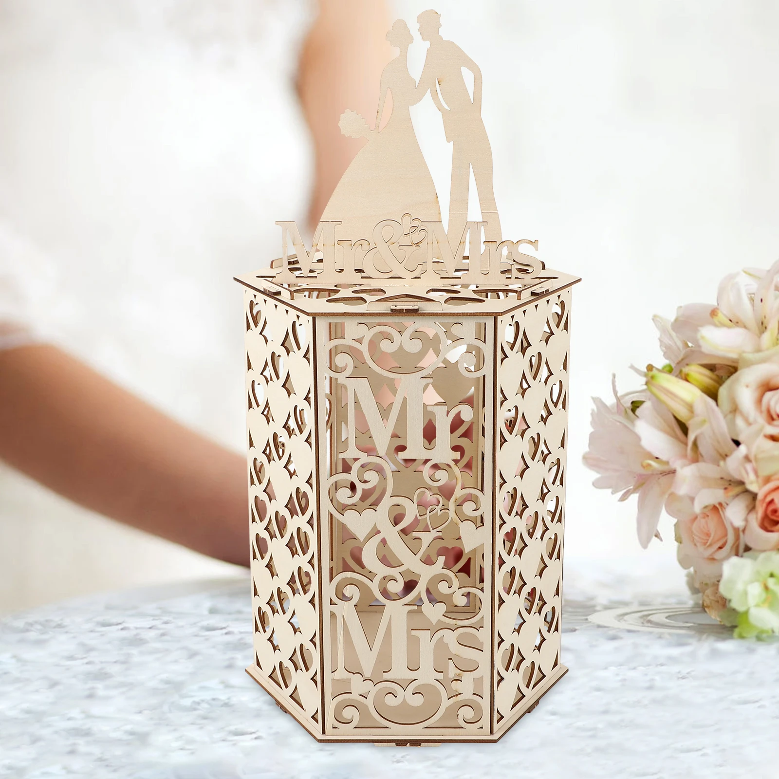 

Wooden Wedding Card Box Blessing Container Envelopes Case Greeting Cards Storage Hollow Box DIY Project Large Capacity Table