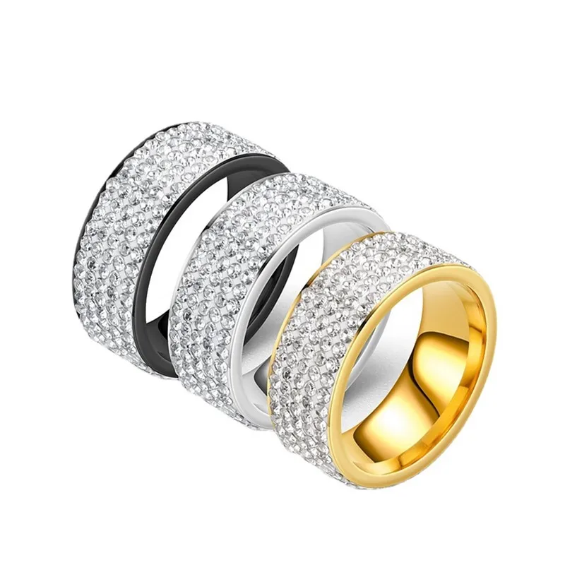 8mm Stainless Steel 5 Rows Crystal Rhinestone Ring Wedding Band for Women Men Size 6-13