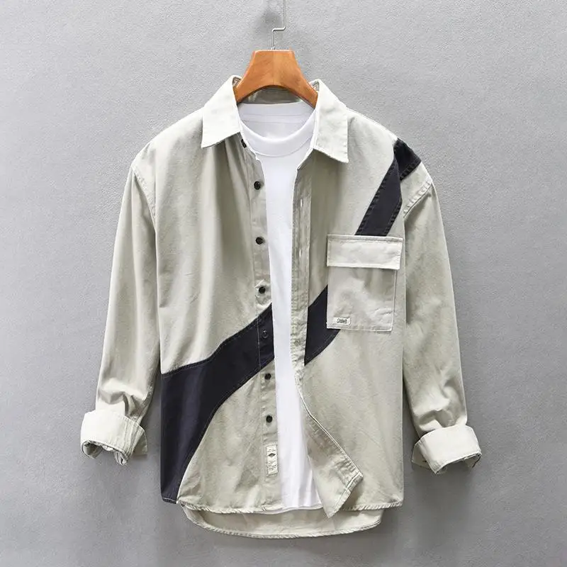 

Casual Cotton Long Sleeve Shirt Men's Vintage Trend Design Sense Irregular Splicing Color Collision Workwear Jacket Autumn