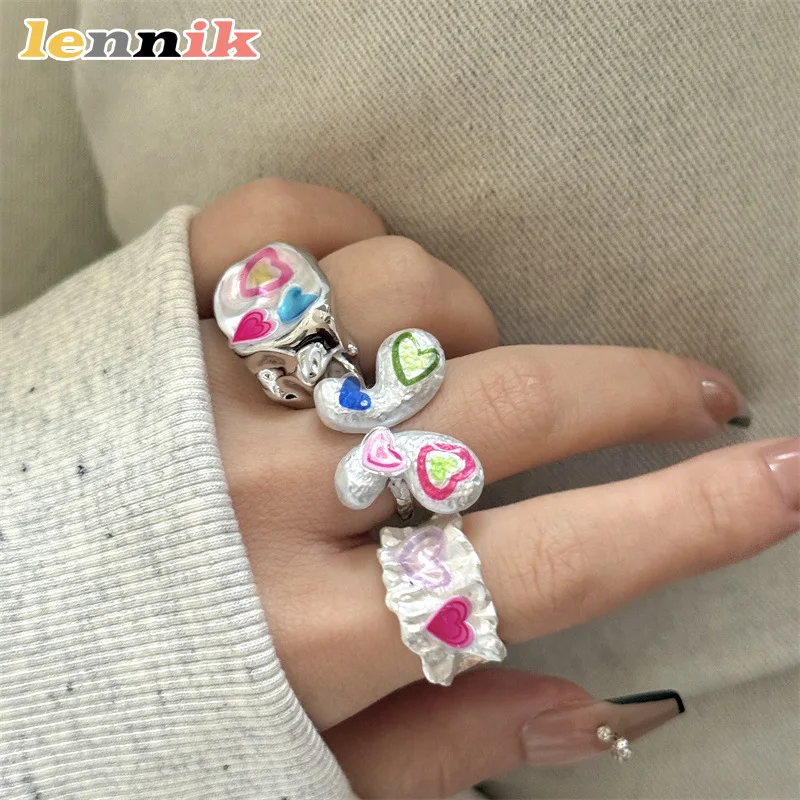 

LENNIK Dopamine Girl Stackable Rings, Y2K Handmade Enamel Oil Drip, Butterfly Heart, Sweet-Cool Versatile Open Bands