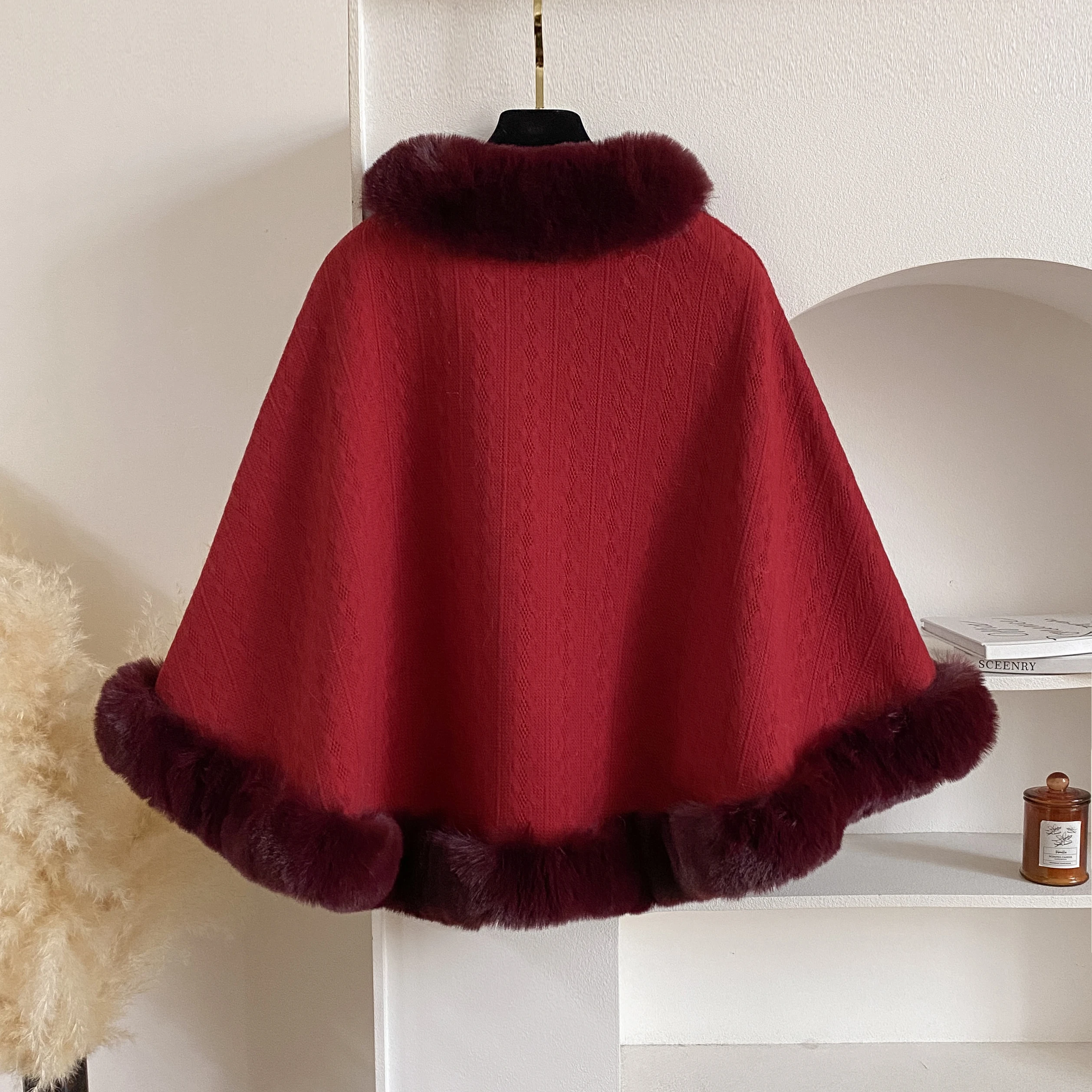 2024 New Winter Solid Poncho Thicken Fleece Collar Cape Coat Elegant Beautiful Women Christmas Party Dress Cloak Warm Wraps Gift