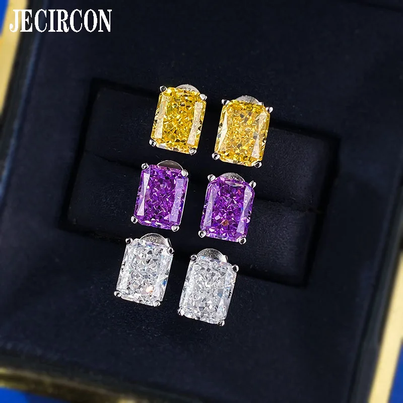 

JECIRCON S925 Sterling Silver Earrings 7*9mm High Carbon Diamond Yellow White Purple Studs Best Selling in Europe and America