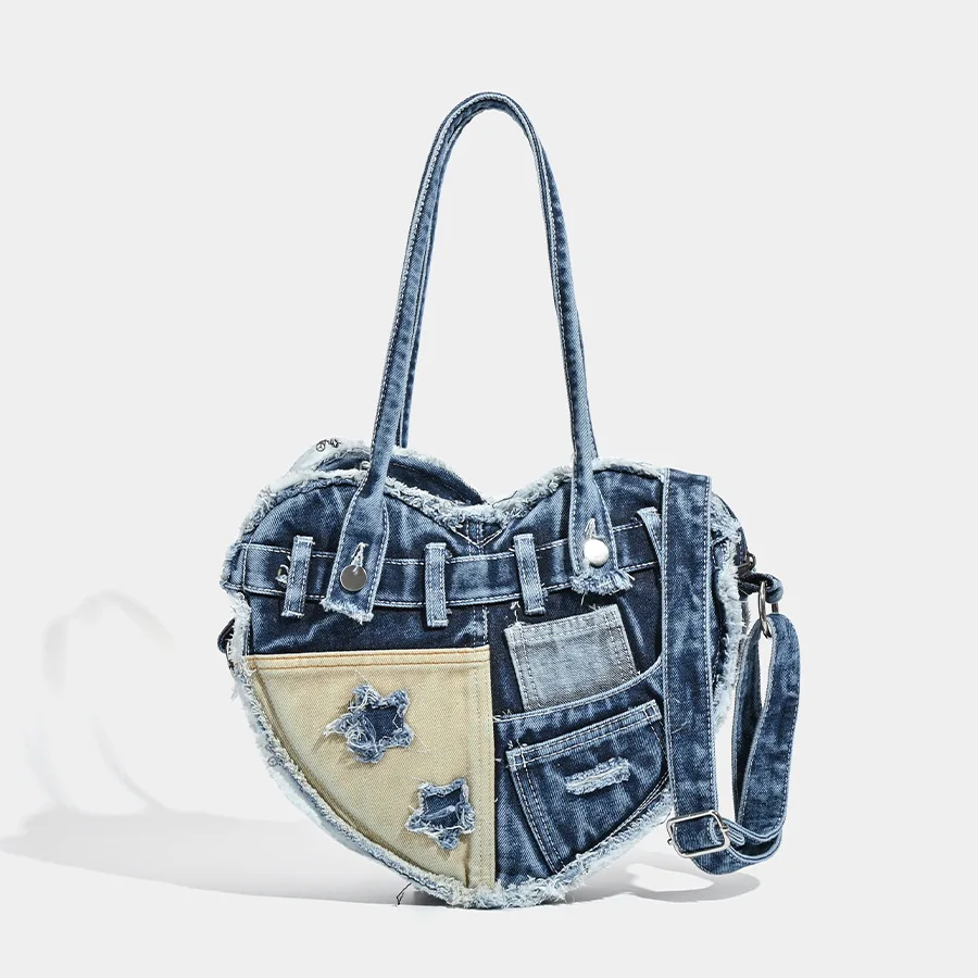 New Fashion Good Heart Shape Denim Tote Commuter Large Capacity Shoulder Underarm Lazy Woven Bag