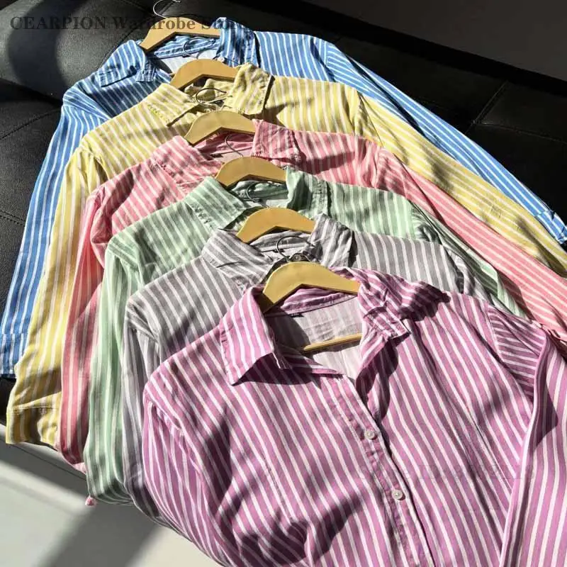 

Fashion Striped Long Sleeve Shirt Lace Up Lapel Casual Female Shirts Summer Elegant Comfortable Daily Matching Street Style Tops