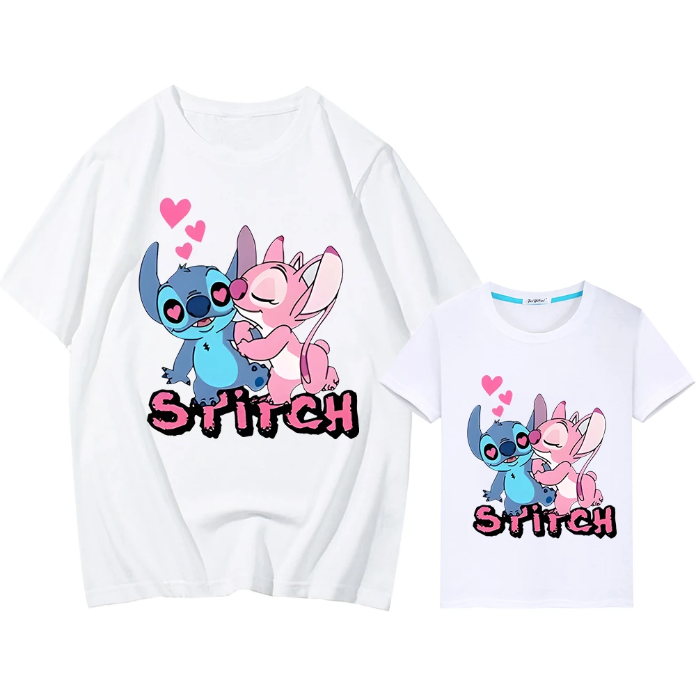 Stitch Disney mom and daughter matching clothes t shirt for kids boy 10years Print 100%Cotton Short Kawaii girls anime Tops y2k