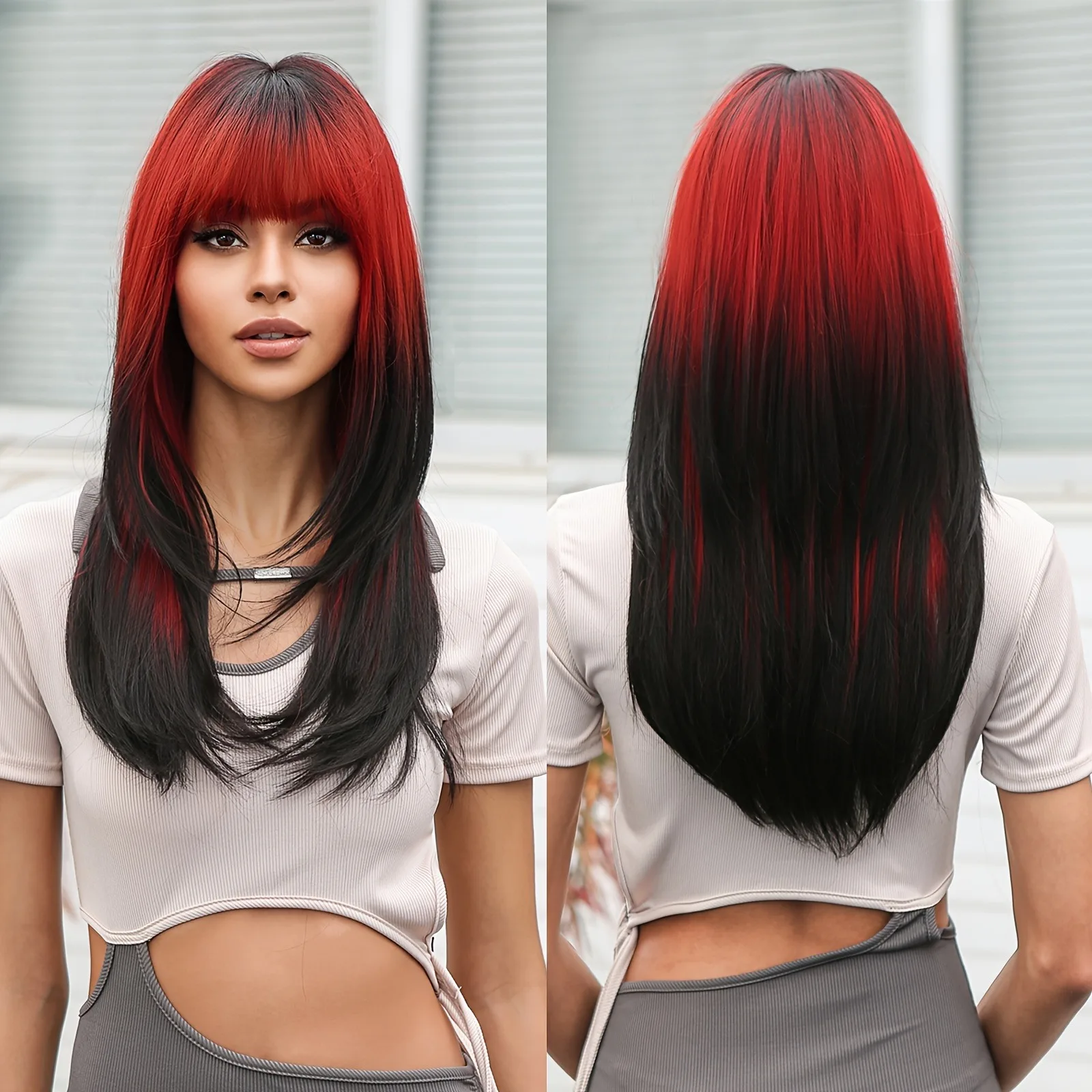 

26-дюймовый длинный прямой синтетический парик с красными бликами и темно-коричневыми/черными корнями, регулируемая сетка для волос для добавления объема - подходит