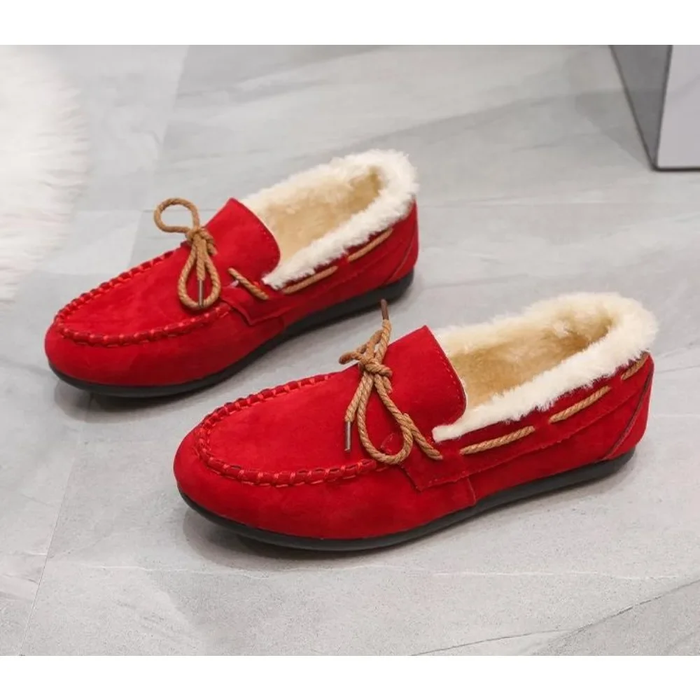 

Winter Shoes Women Casual Flat Shoes Women's Moccasins Soft Loafers Fashion Comfort Warm Plush Bow Slip on Female Cotton Shoes