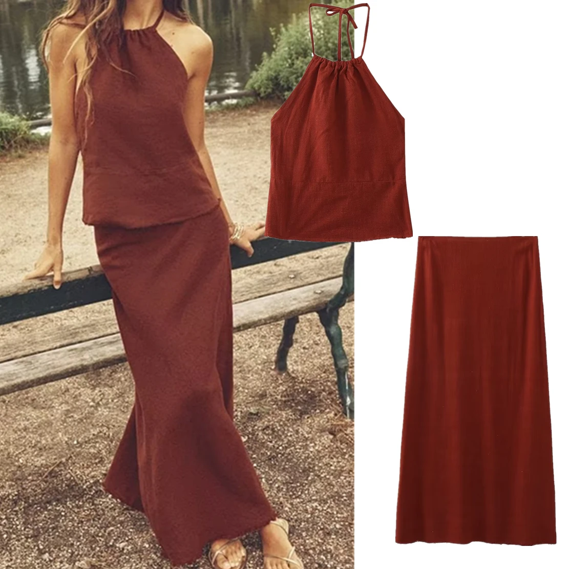 

Dave&Di Moroccan Retro Style Brick Red FashionTop High Waist Midi Camisole Skirt Two Pieces Set Women