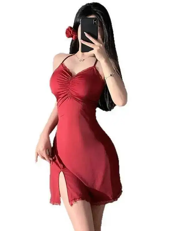 Sexy Lingerie Fashion Imitation Ice Silk Camisole Dress Elegant Set Large Strap Dress Sexy Nightdress Sweet Tops Dress 58WZ