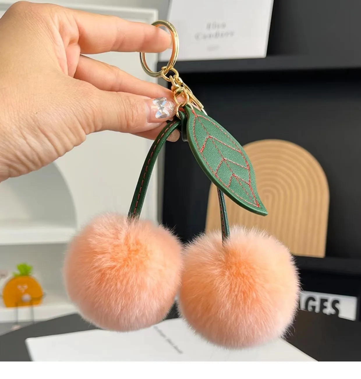 6pcs/set Cute Fluffy Rex Rabbit Fur Ball Pompom Leaf Keychain Cherry Key Chain Handbag Pendant Car Key Chain Ring