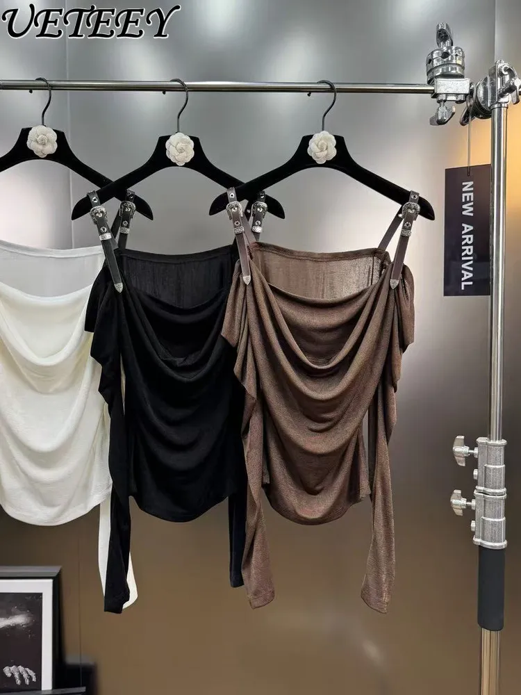 

Осень 2023, лоскутная футболка с открытыми плечами и длинными рукавами, модные универсальные однотонные облегающие футболки в минималистском стиле