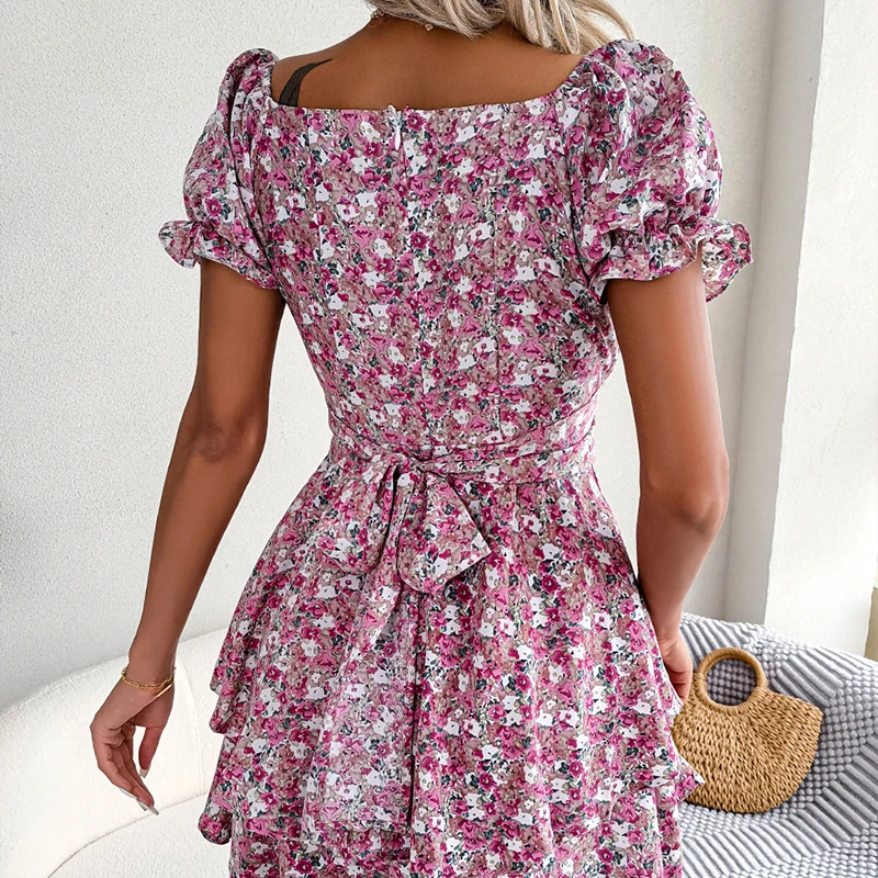 Vintage floral impressão feminina verão mini vestido casual boho manga curta praia vestido de verão elegante festa quadrado pescoço vestidos