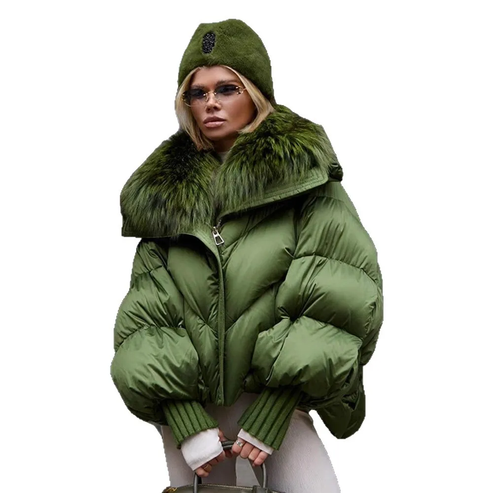 FL, abrigos acolchados con cuello de piel verde para mujer, abrigo holgado de algodón de manga larga con bolsillos y cremallera, chaquetas cálidas de invierno para mujer 2025