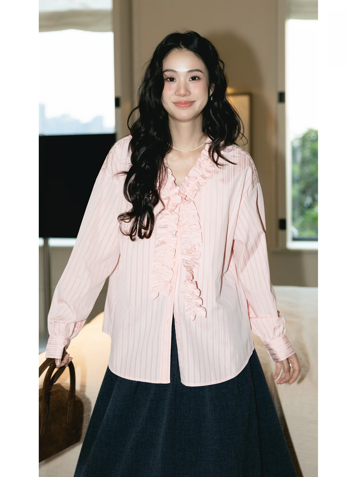 

BUD, свободный длинный женский топ в розовую полоску V-Ne irt, весна 2022, повседневный удобный дышащий топ French Sle Faion