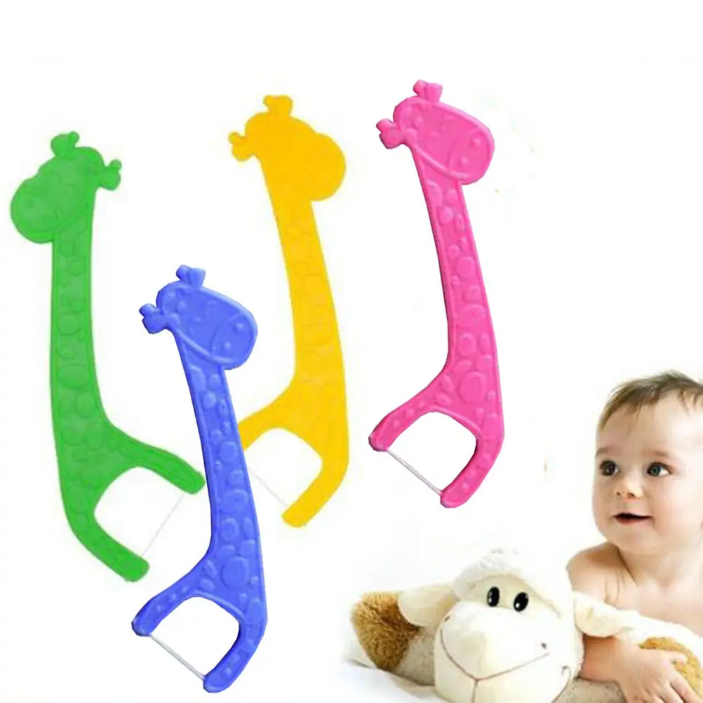 

60 шт. Детские зубные нити-флоссеры в форме жирафа, 4 цвета, тонкая шелковистая нить для удаления остатков еды, чистка зубов